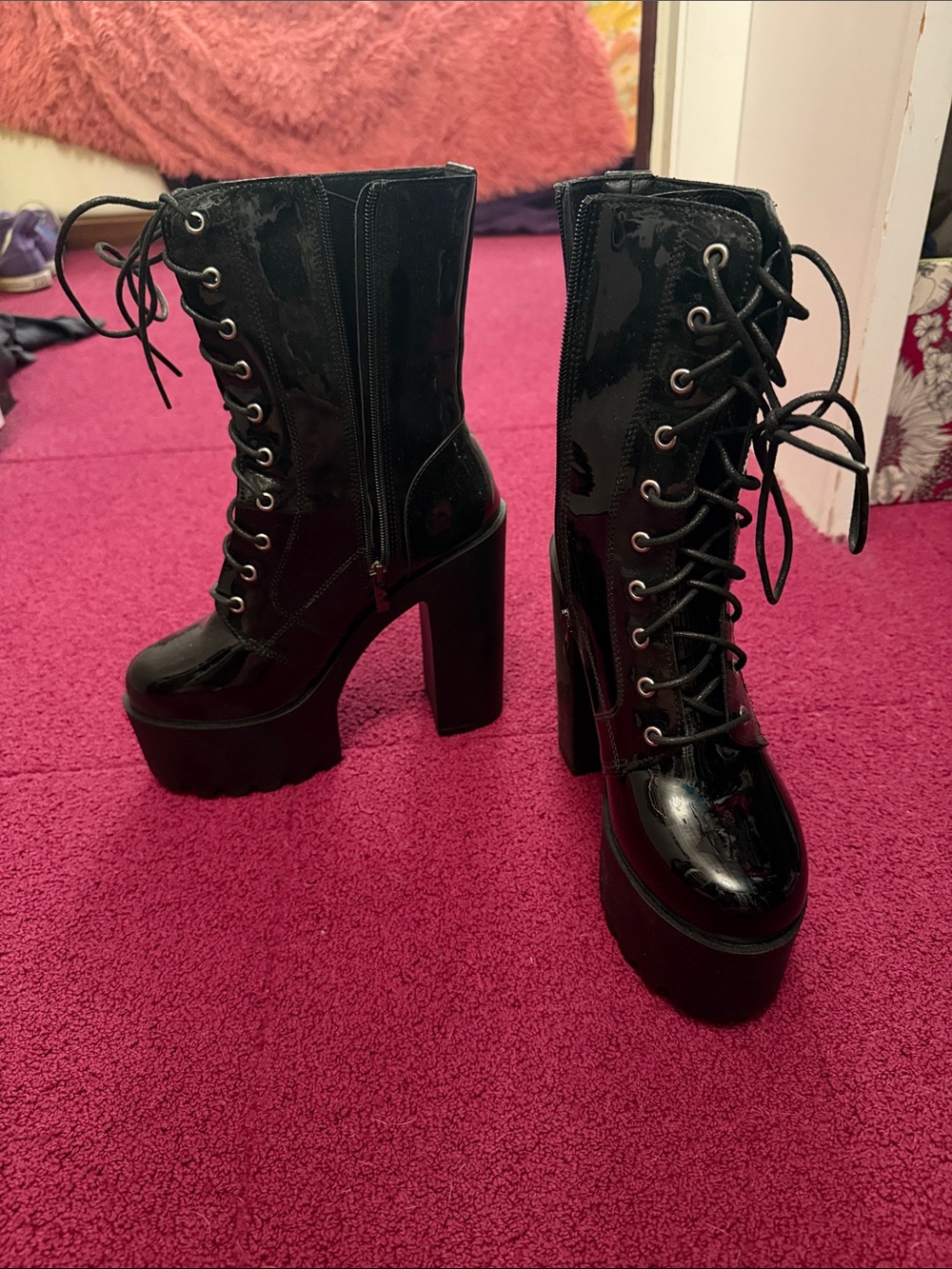 SHEIN Black Patent Platform Lace-Up Heeled Boots